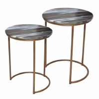 Set of 2 Round Gray Marble With Gold Metal Legs Nesting Tables