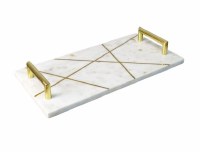 9" x 18" Gold Striped White Marble Tray With Gold Handles