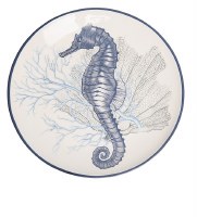 8" Round Blue Seahorse on White Ceramic Plate