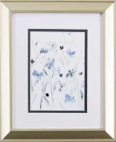12" x 10" Five Dark Blue Flowers in Gold Frame Under Glass