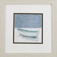 11" Square Aqua and White Boat in Tan Frame Under Glass