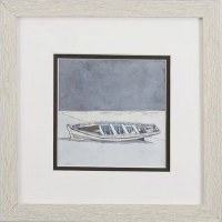 11" Square Blue and White Boat in Tan Frame Under Glass