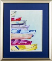 21" x 18" Multicolor Boats on the Side in Gold Frame Under Glass