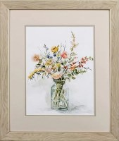 22" x 19" Blue and Multicolored Flower Vase in Tan Frame Under Glass