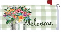 7" x 17" Wildflower Bucket Green Checked Welcome Mailbox Cover