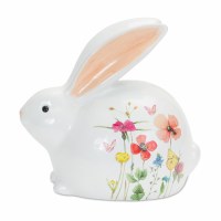 6" White Floral Ceramic Bunny Looking Forward