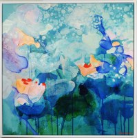 48" Square Abstract Waterlillies Canvas in White Frame