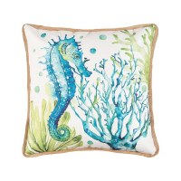 18" Square Blue and Green Seahorse Sea Life Pillow With Jute Piping