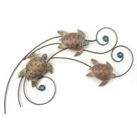 27" Hand Painted Wood Sea Turtles on Metal Wave With Blue Glass Bubbles Wall Plaque