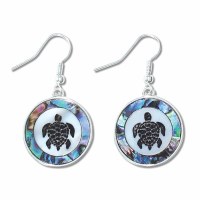 Silver Toned Mother of Pearl and Abalone Turtle Disk Earrings