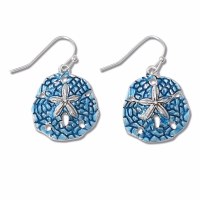 Silver Toned Dark Blue Enamel Sand Dollar Earrings