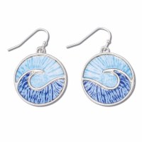 Silver Toned Blue Enamel Sky and Waves Earrings