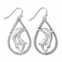 Antiqued Silver Toned Dolphin Drop Earrings