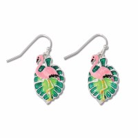 Pink Flamingo and Green Monstera Leaf Enamel Earrings