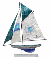 Blue and White Capiz Schooner Sailboat on a Stand