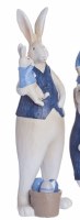 10" Blue and White Bunny Holding Kid Bunny With Basket of Eggs