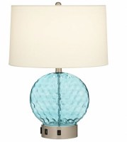 25" Round Turquoise Glass Lamp With USB and Plug in Base