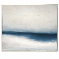 52" x 62" Abstact Coastal Design Dark Blue and White Horizon Silver Framed Canvas