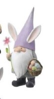 8" Polyresin Purple Bunny Ear Hat Easter Gnome With Flower and Egg Basket