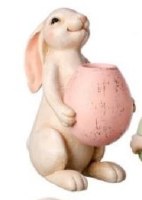 6" Antiqued White Polyresin Bunny With Pink Egg Taper Candleholder