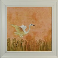 31" SQ White Heron Landing Gel Print With White Frame