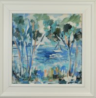 28" SQ Trees and Boat 2 Gel Textured Coastal Print With White Frame