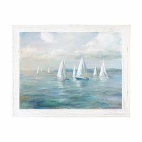 37" x 47" Eight White Sailboats Gel Textured Coastal Print With Whitewash Frame