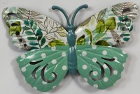 6" White Floral and Dotted Green Wings With Blue Body Butterfly Metal Wall Plaque