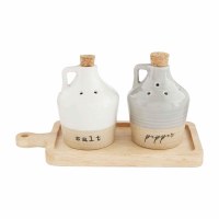 3" White and Gray Ceramic Jugs Salt & Pepper Shakers With Wood Tray by Mud Pie