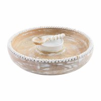 13" Round White Wash Beaded Wood Chip and Dip Serving Dish by Mud Pie