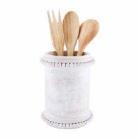 8" Round White Wash Wood Beaded Utensil Holder by Mud Pie