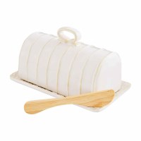 4" Distressed White Line Pattern Ceramic Butter Dish With a Spreader by Mud Pie