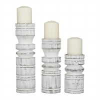 Set of 3 4" Round Distressed White Wood Carved Cylinder Candleholders