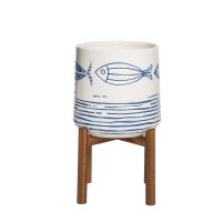 9" Blue and White Fish Pot With a Stand