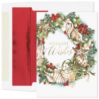 8" x 6" Box of 16 Shell Wreath and Red Berries Holiday Cards