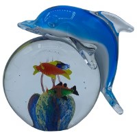 5" Blue Glass Dolphin Sitting on a Fish Orb Paperweight