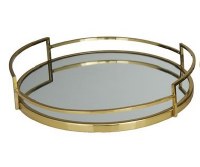 19" Round Gold Metal Mirrored Tray With Handles