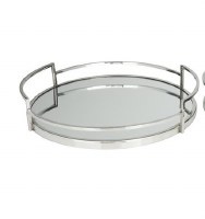 19" Round Silver Metal Mirrored Tray With Handles