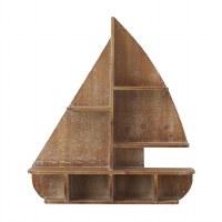 24" Lightly Whitewashed Brown Wood Sailboat Shaped Wall Shelf