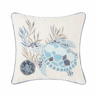 18" Square Blue Sea Turtle and Sand Dollar Crescent Bay Embroidered Pillow