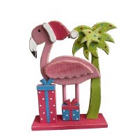 26" Christmas Flamingo and Palm Tree Wood Statue