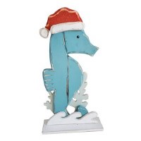 26" Blue Christmas Seahorse Wood Statue