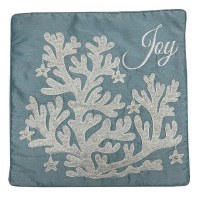 18" Sq White and Blue Coral "Joy" Pillow