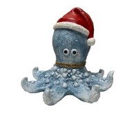 13" Blue Polyresin Octopus with Santa Hat Statue