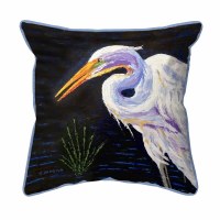 18" Square White Egret on Dark Blue Indoor and Outdoor Pillow