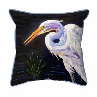 12" Square White Egret on Dark Blue Indoor and Outdoor Pillow