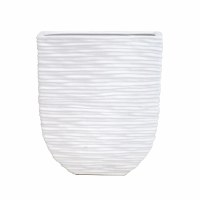 15" White Ribbed Flat Ceramic Vase