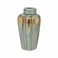 Medium Green and Beige Drip Ceramic Jar With Lid