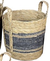 Medium Dark Blue and Natural Wicker Basket With Handles