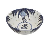 14" Round Blue and White Palm Ceramic Bowl